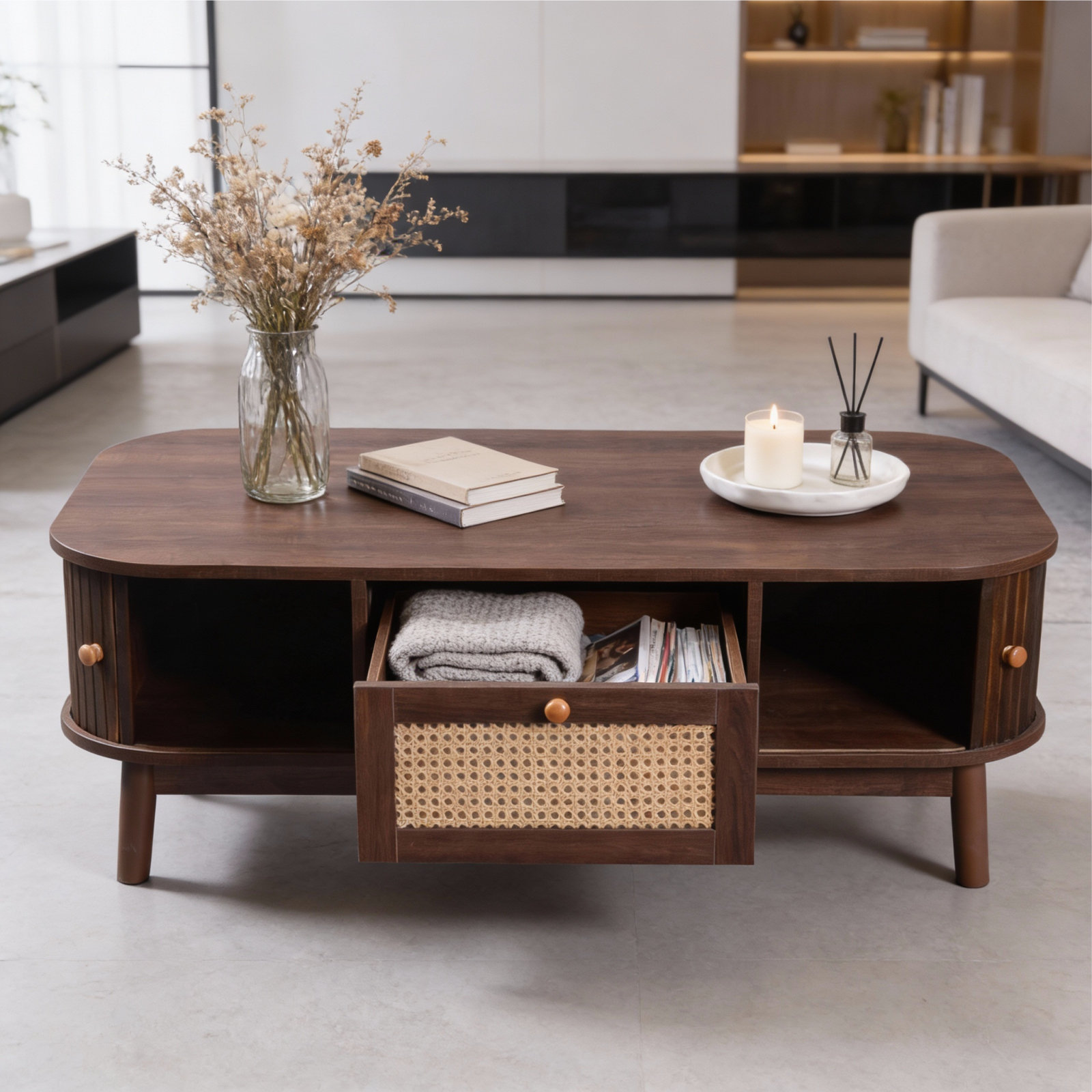 Latitude Run® Mid Century Modern Fluted Rattan Coffee Table With ...