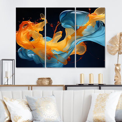 «Ink Wave Rhythms» en bleu et orange - impression sur toile tendue 3 pièces