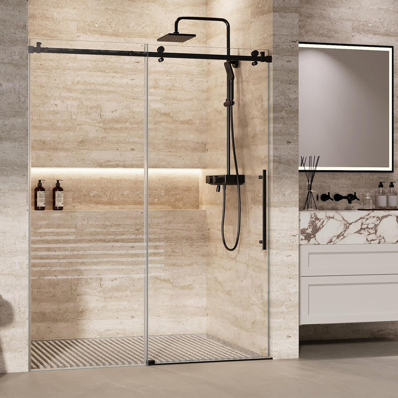 Porte de douche en verre sans cadre de 56 à 60 po avec joint étanche, verre trempé de 8 mm et acier inoxydable