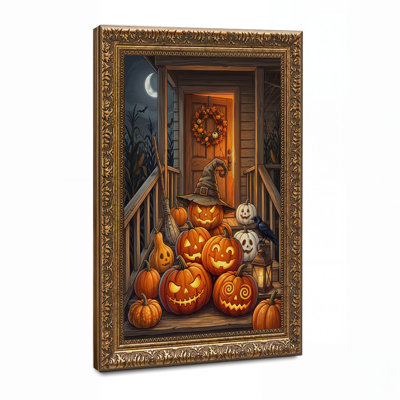 Glowing Jack-o'-lanterns with Witch Hat on Porch Halloween Canvas Wall Art