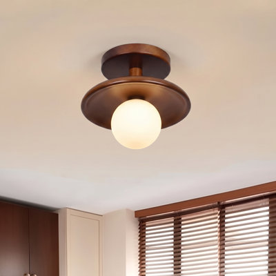 Modern Wood Flush Mount Ceiling Light with Frosted Glass Globe, Natural Wooden Ceiling Light Fixture for for Bedroom Hallway Entryway Kitchen