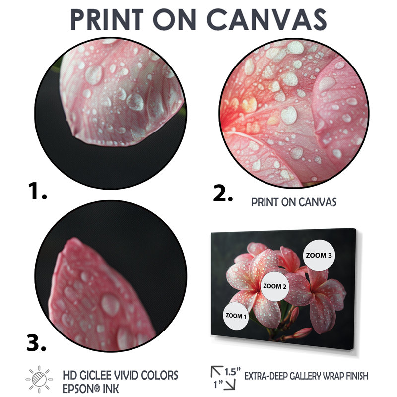 Plumeria rose noir, charme rétro I - décoration murale Plumeria, Toile tendue, H 28 po x l 60 po x P 1,5 po