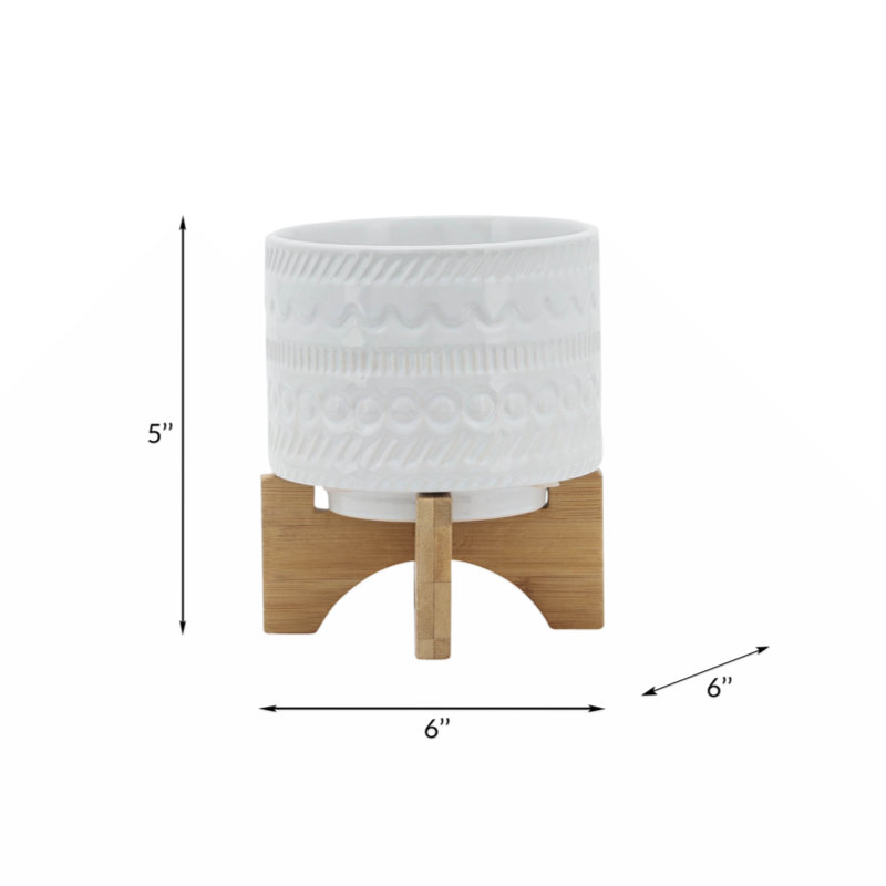 Natacha Stoneware Planter with Bamboo Stand - Ceramic Plant Pot with Raised Decorative Design, Modern Elevated Display, White