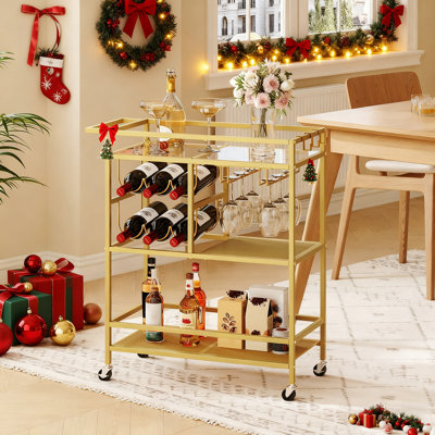 Masatoshi 3-Tier Serving Bar Cart with Wheels and Glass Holders by Everly Quinn