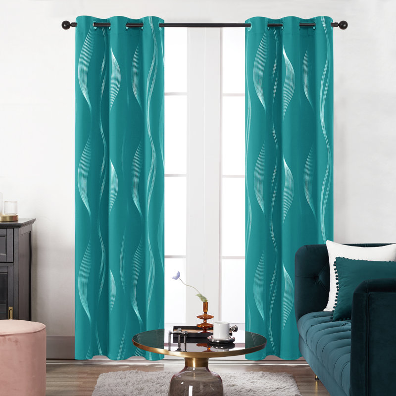 Spurgh Sliver Wave Foil Print Blackout Thermal Grommet Curtain Panels (Set of 2), 42" W x 90" L, Turquoise