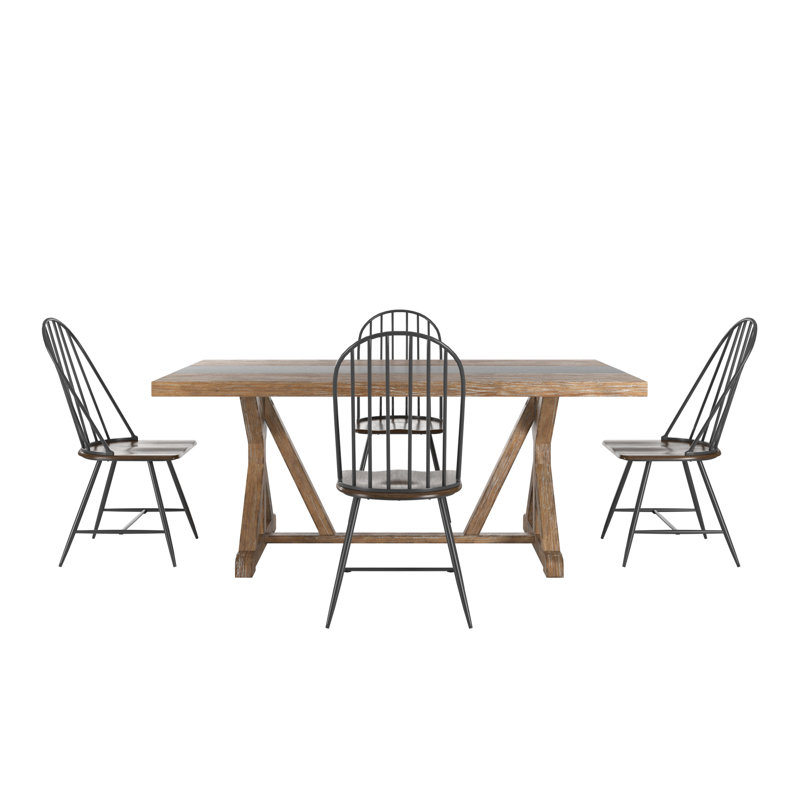 Stamant Rustic Pine Frame Concrete Veneer Top Dining Table And Two-Tone Spindle Chairs Set, Black