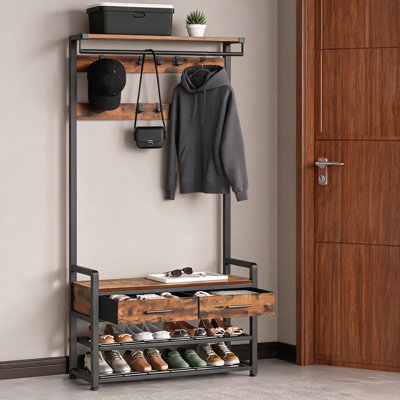 Vintage Brown Foyer Coat Rack With Shoe Bench, Storage Cabinet, Two Fabric Drawers And Ten Hooks. Overall Dimensions: 11.6 X 31.8 X 71.6 Inches.