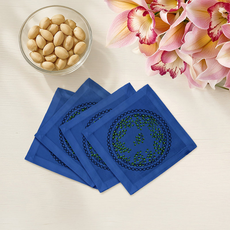 Christmas Berries Cotton Sateen Cocktail Napkins, Green Blue