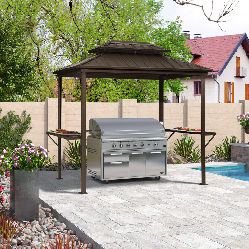 Metal Hardtop Grill Gazebo  with 2 Side Shelves for BBQ, 6' x 8'