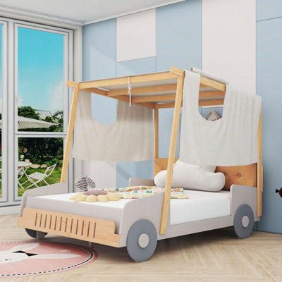 Wooden Car-Shaped Platform Bed with LED and Pillows