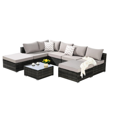 8 Outdoor Patio Sectional Couch With Washable Cushions & Tempered Glass Table. Furniture For Garden, Poolside. Water-Repellent And Protected. Seats 8 Pieces Conversation Backyard, Garden. All-Weather