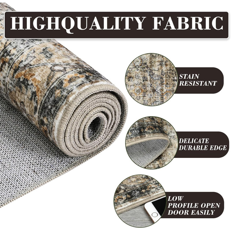Vintage Rug Distressed Retro Oriental Washable Non-Slip TPR Backing Low Pile Thin Foldable Soft Non-Shedding Nursery Grey