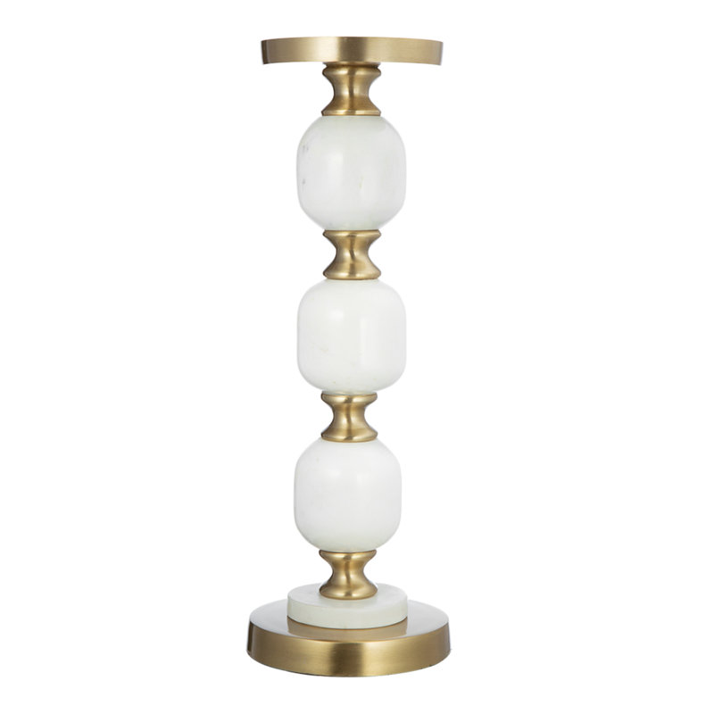 15" Gold and White Marble Metal Pebble Pillar Holder