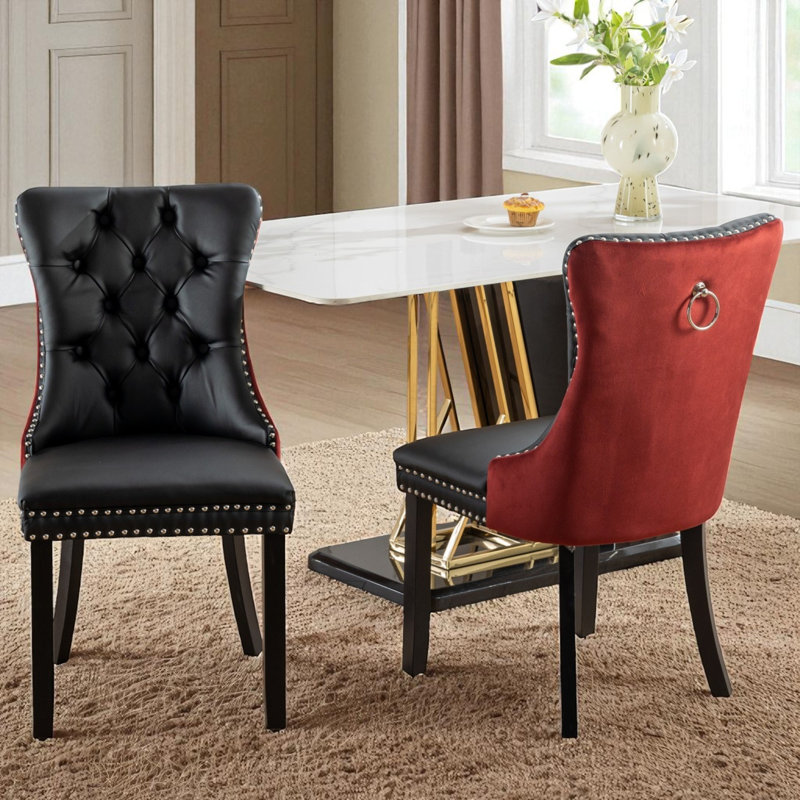 2PCS Modern Velvet Wingback Tufted Solid Wood Upholstered Dining Chairs (Set of 2), Black/Red