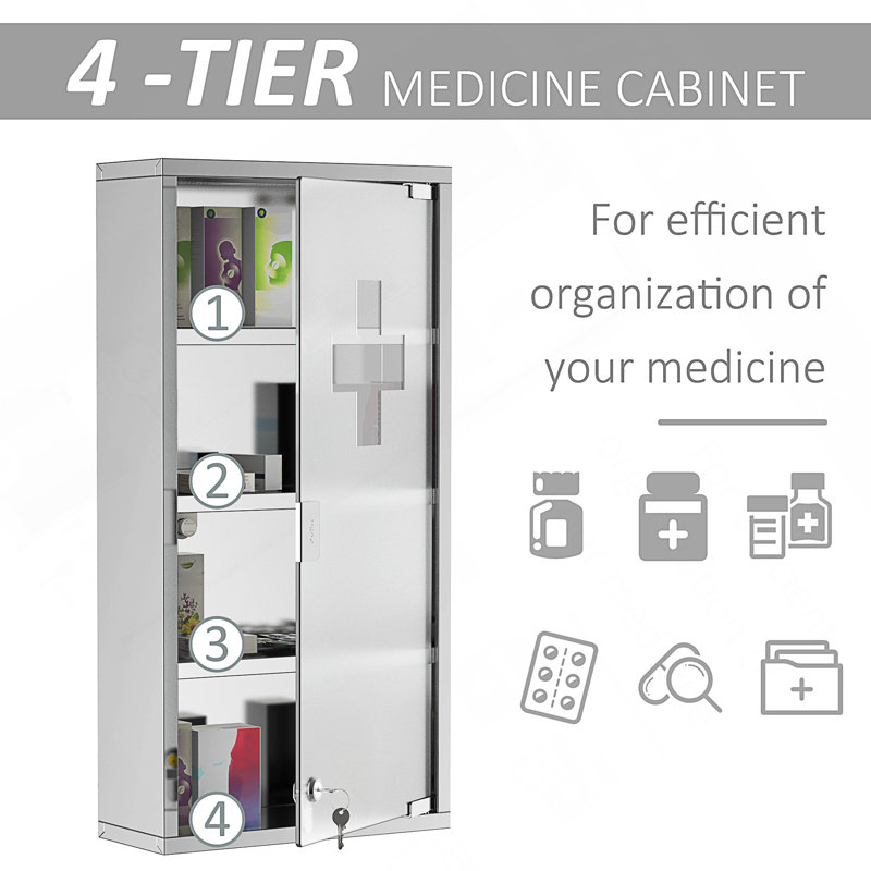 Armoire à pharmacie murale 12 po x 24 po, armoire murale verrouillable avec 4 tablettes à niveaux, cadre en acier inoxydable et porte en verre, verrouillable avec 2 clés