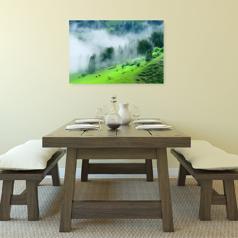 Misty Green Mountain Forest Dramatic Ethereal Peaceful Horse Forest Landscape Wall Art Print 1 Piece Wrapped Canvas Wall Art