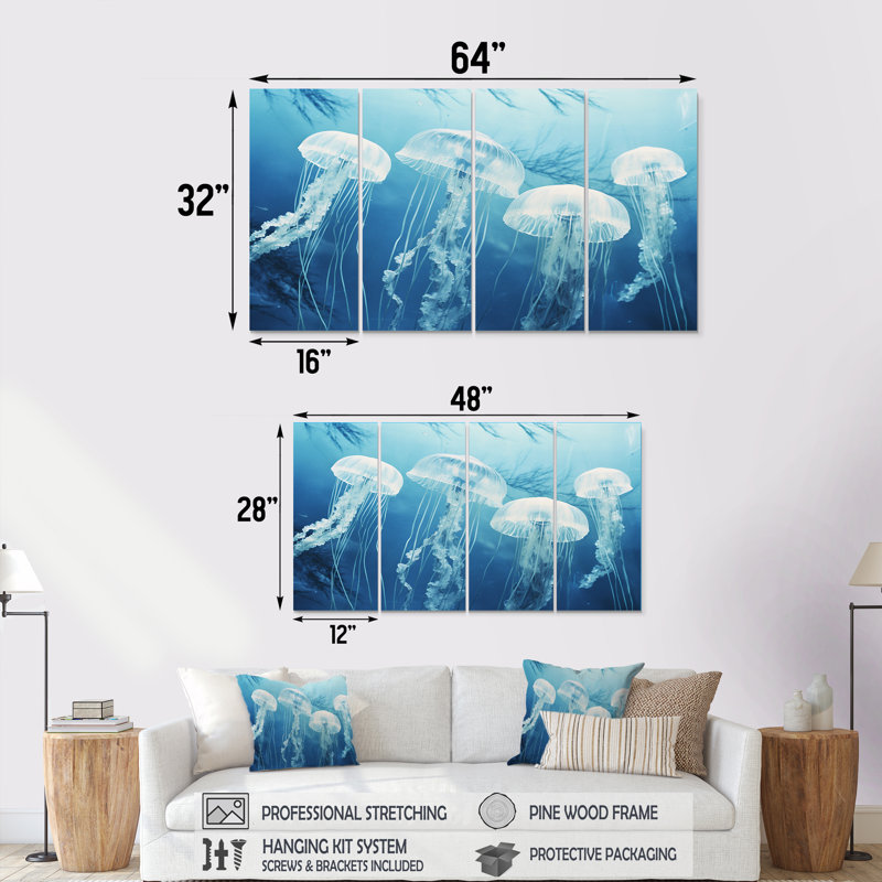 4 pièces de méduse blanche flottant à la surface de l'océan - art mural méduse pour le salon, H 28 po x l 48 po