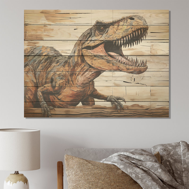 «Dinosaur Canyon I» brun - impression de dinosaure sur bois, H 30 po x l 40 po