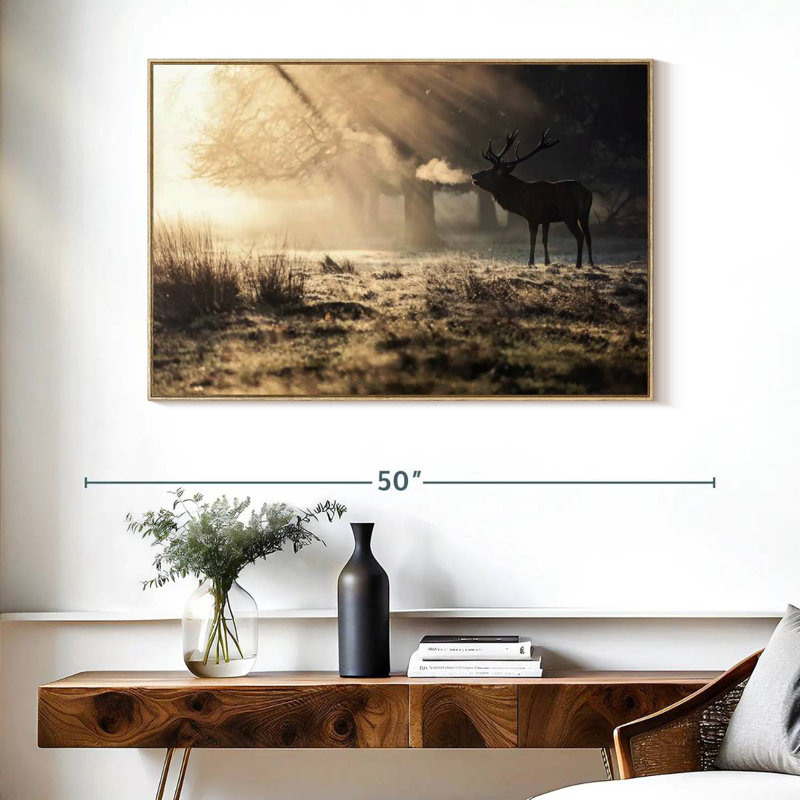 Cerf sauvage dans la neige, Cadre flottant en bois naturel, 40 po x 27 po