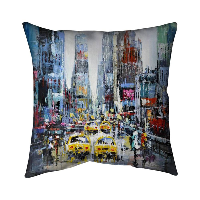 Yellow Building Poly Twill Throw | Urban Scene with Taxis – Throw Pillow Cover Only, Double-Sided Print, Insert Not Included