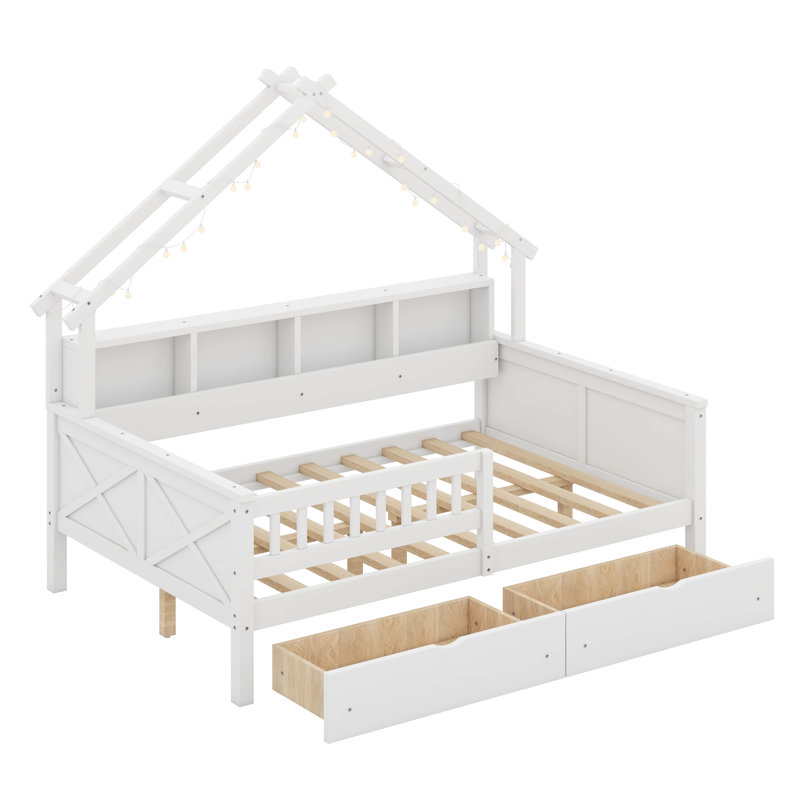 Lits plateforme en bois pleine grandeur avec DEL, tablettes de rangement, tiroirs et garde-corps, Blanc