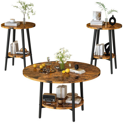 3‑Piece Round Coffee Table Set, Modern Living Room Table Set with Storage Shelf, 1 Coffee Table & 2 End Side Tables, Stable Metal Legs, Easy Assembly for Home Apartment