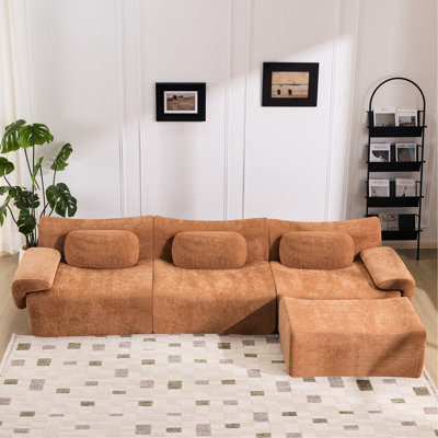 Très grand fauteuil profond en chenille 3 + 1 places avec 3 coussins, orange, combinaison modulaire, forme articulaire, idéal pour le salon et la chambre à coucher, rembourrage en mousse haute densité, tissu doux et facile d'entretien, chic