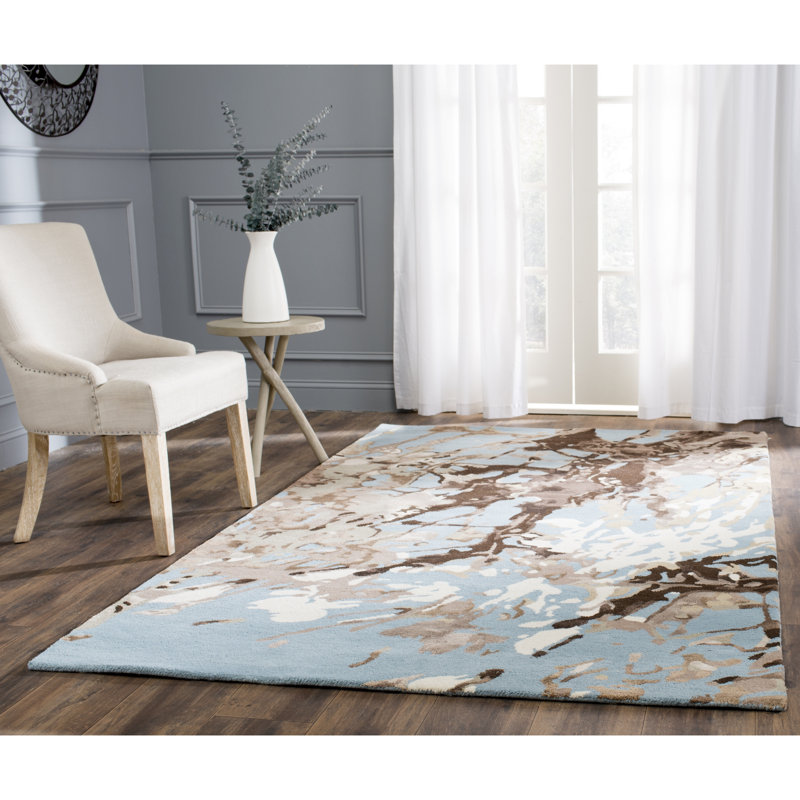 Tapis bleu en laine / coton / viscose touffeté à la main Amier, Rectangle 3 pi 6 po x 5 pi 6 po