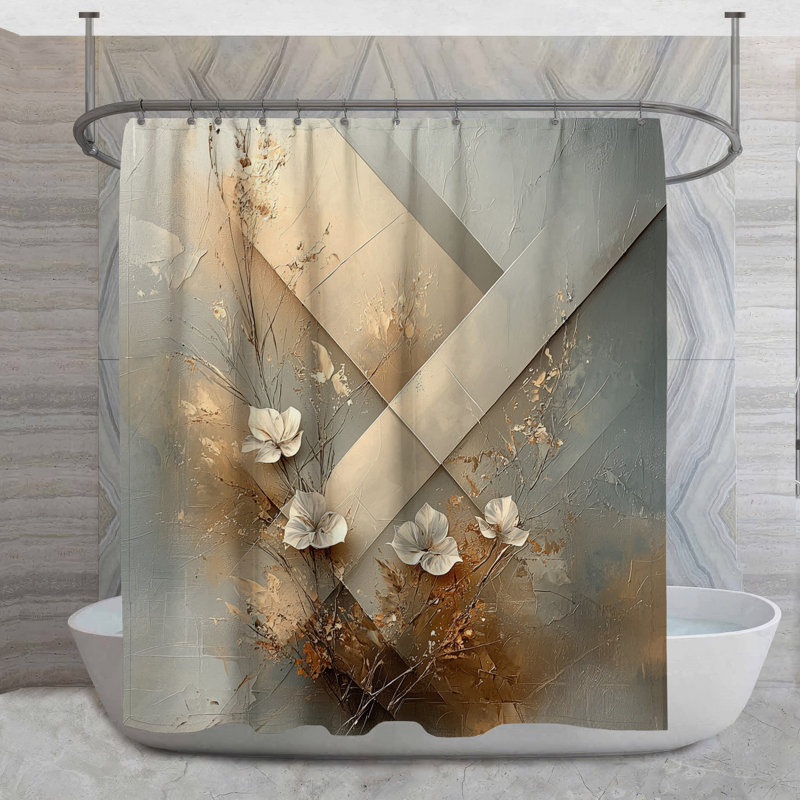 Rideau de douche Golden Flowers - Décoration florale de salle de bain Hollywood Regency, H 73 po x l 70 po