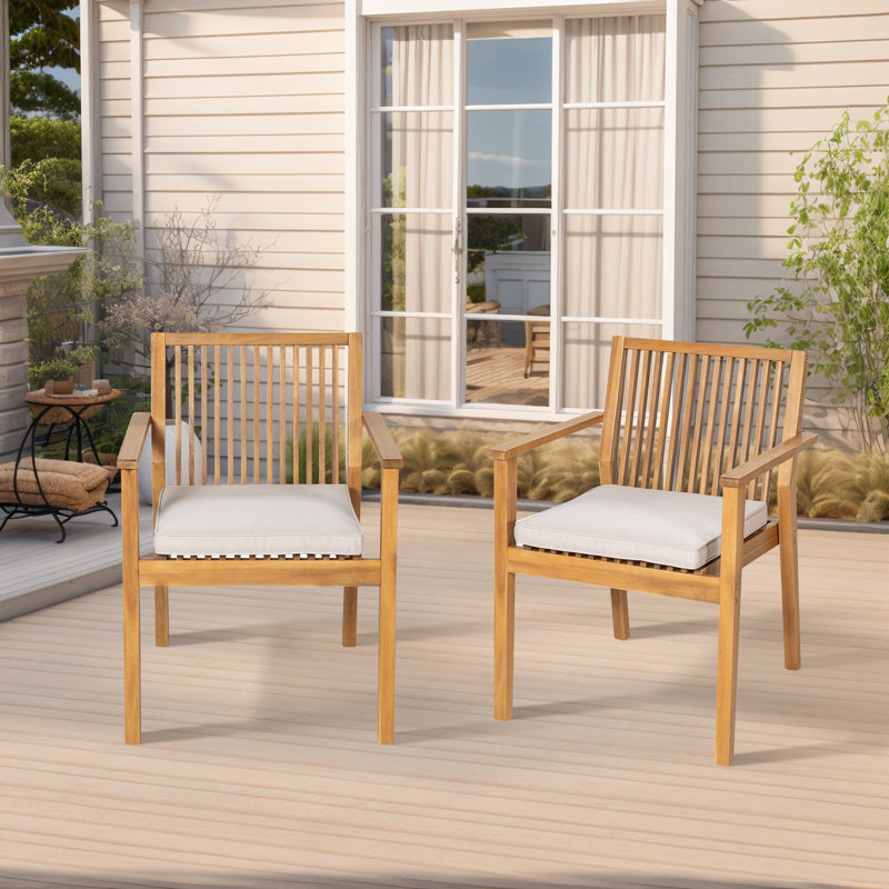 Acacia Wood Outdoor Dining Armchair With Cushion(Set Of 2), Natural