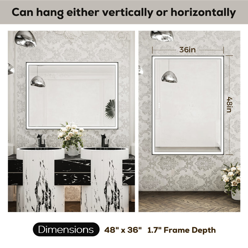 Miroir de salle de bain avant à DEL antibuée avec cadre en métal biseauté, 36 po x 48 po, Noir mat, Rectangulaire