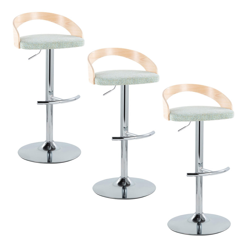 Tabouret de bar à hauteur ajustable avec pivot, Argent, Siège vert clair / structure naturelle