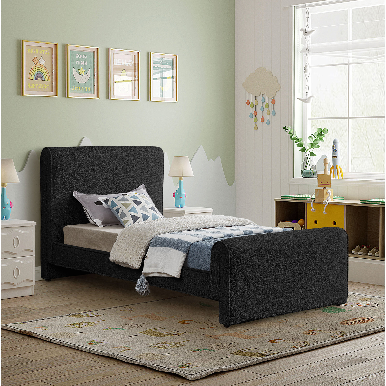 Chaylin Platform Bed, Black Boucle Fabric, Full