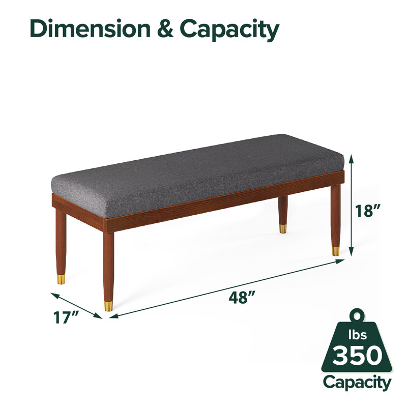 Raymond Mid-Century 48" Grey Upholstered Bench with Brass-Tipped Legs
