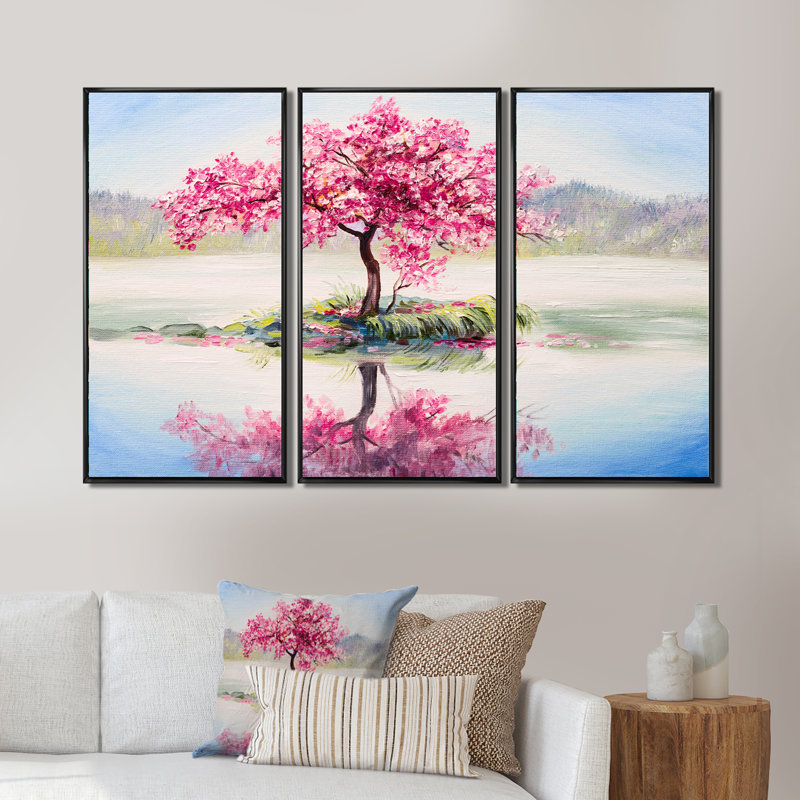 Cerisier japonais en fleurs sur un petit îlot idyllique - ensemble de 3 reproductions sur toile flottantes, H 20 po x l 36 po