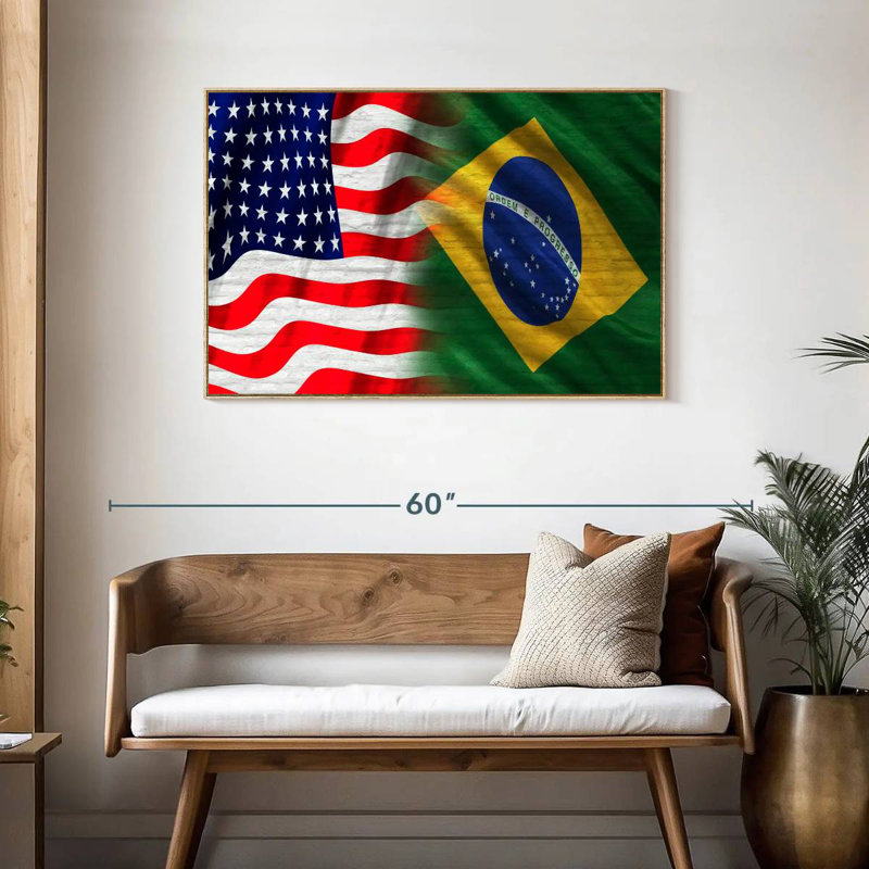 Drapeau des États-Unis et du Brésil, Cadre flottant en bois naturel, 43 po x 29 po