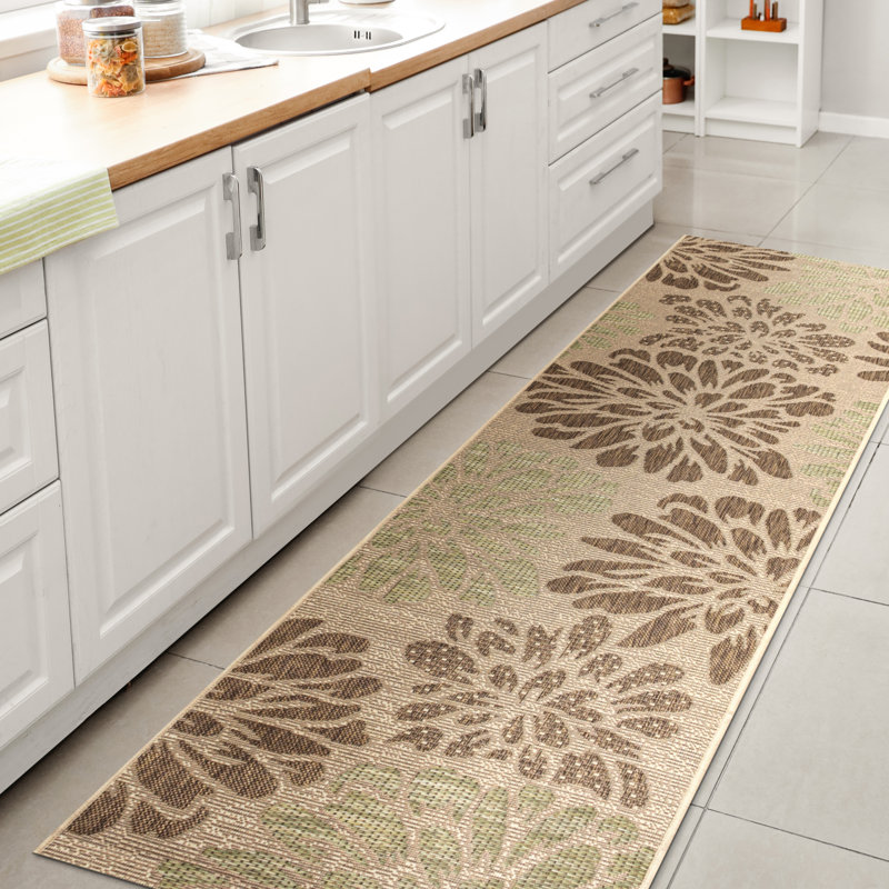 Hagy Modern Floral Textured Weave Sage/Brown Indoor/Outdoor Rug, Runner 2'2" x 10'