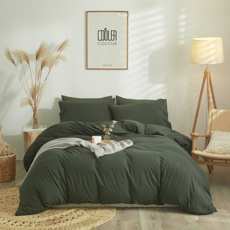 Ensemble de housse de couette 100% coton VCLIFE, Vert d’armée, Housse de couette grand + 2 taies d'oreiller