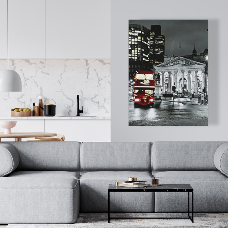«Panthéon gris avec bus rouge», art sur toile hyperréaliste