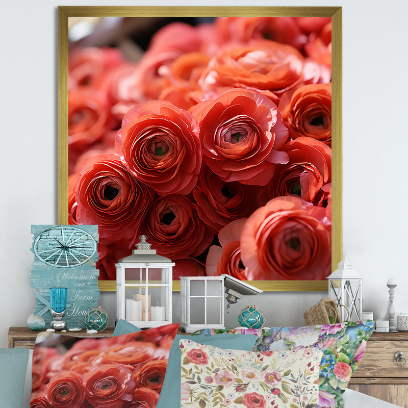 Ranunculus rose, couches de beauté - Renoncule, art mural, H 16 po x l 16 po x P 1 po, Cadre doré simple
