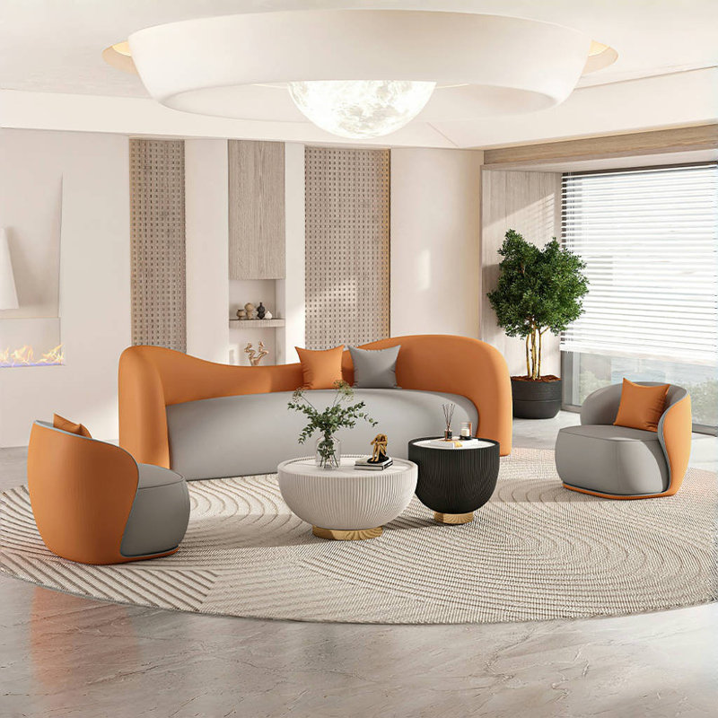 Cream Style Sofa and Coffee Table Combination, Gray/Orange
