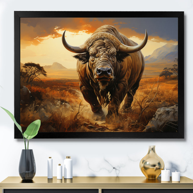 Animaux de buffle beige et orange sur toile, Cadre photo noir, H 34 po x l 44 po x P 1,5 po