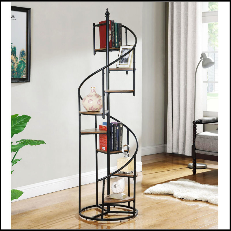 Bibliothèque rustique à 8 tablettes d'escalier, brun et noir, parfaite pour organiser et exposer des livres et des décorations