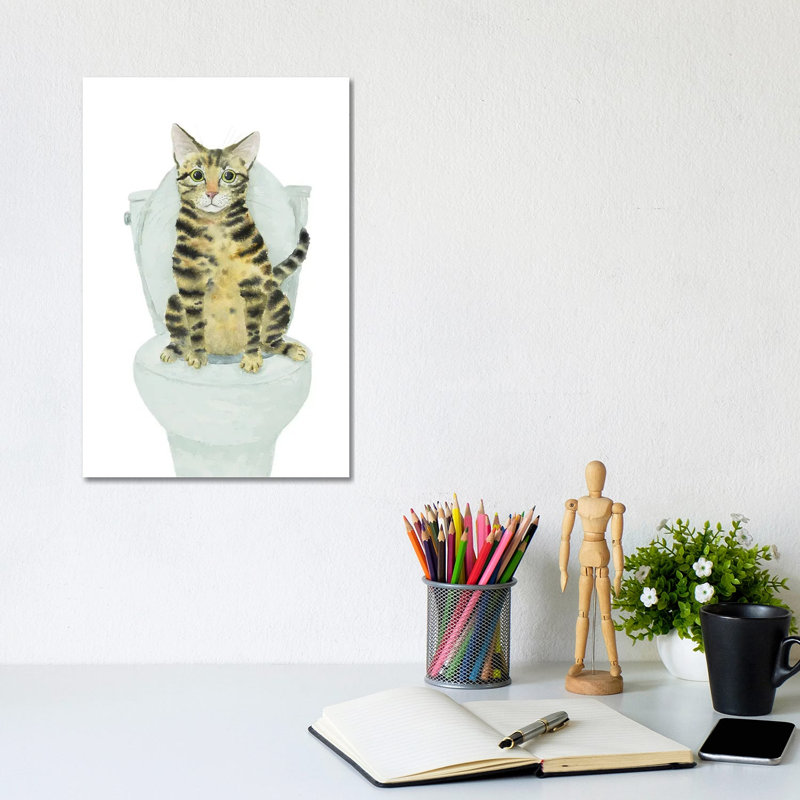 Tabby Cat Toilet Time by Alexey Dmitrievich Shmyrov - Wrapped Canvas Painting, 20.32 cm H x 30.48 cm W