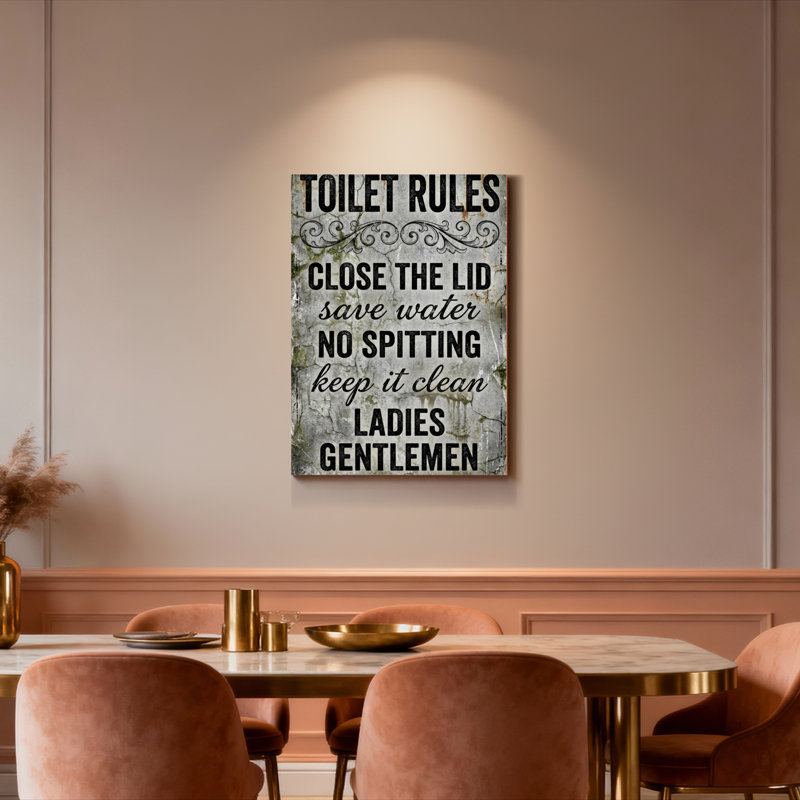 Tableau vintage « Règles des toilettes » sur toile tendue pour la décoration de la salle de bain (1 pièce), H 24 po x l 16 po