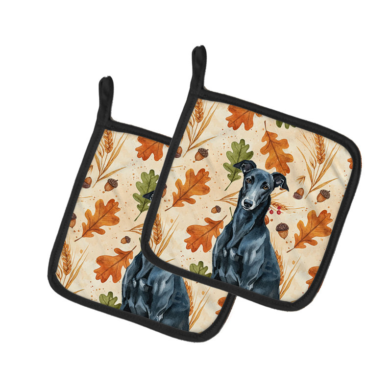 Black Greyhound Heirloom Fall Pair of Pot Holders