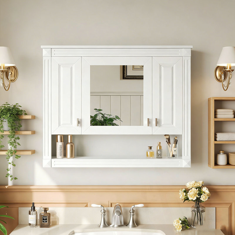 Armoire de rangement murale à miroir avec tablette ouverte