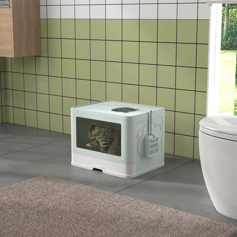 Bac à litière pour chat, entrée avant, bac à litière pour chat à sortie supérieure, bac à chat avec contrôle des odeurs avec pelle, plateau coulissant, facile à nettoyer, brosse, vert