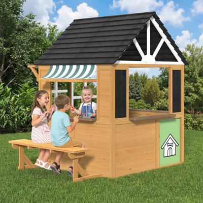 Wooden Playhouse For Kids Outdoor, Cottage Play House With Door, Windows, Fence, Bench, Service Station, Blackboard, Toys, For Kids 3-8 Years, Brown