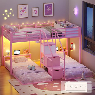 Triple Bunk Bed With Storage Staircase, Rgb Lights & Charging Station, Twin Over Twin, Heavy Duty Metal 3 Bunk Beds With Drawers & Headboard Shelf, Safety Guardrails, For Kids